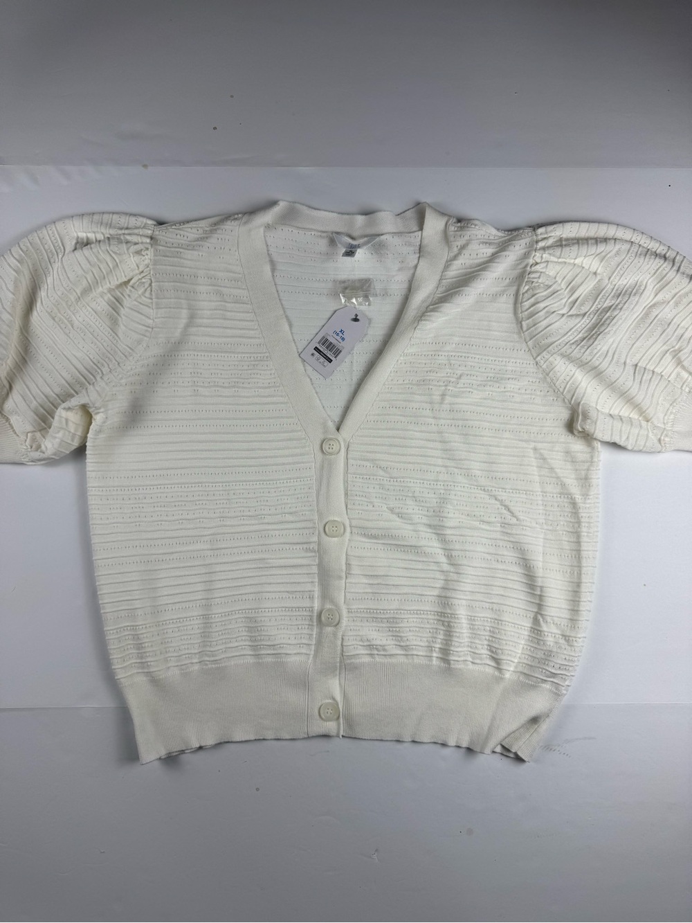 Time and Tru Cream Button-Front V-Neck Puff-Sleeve Sweater